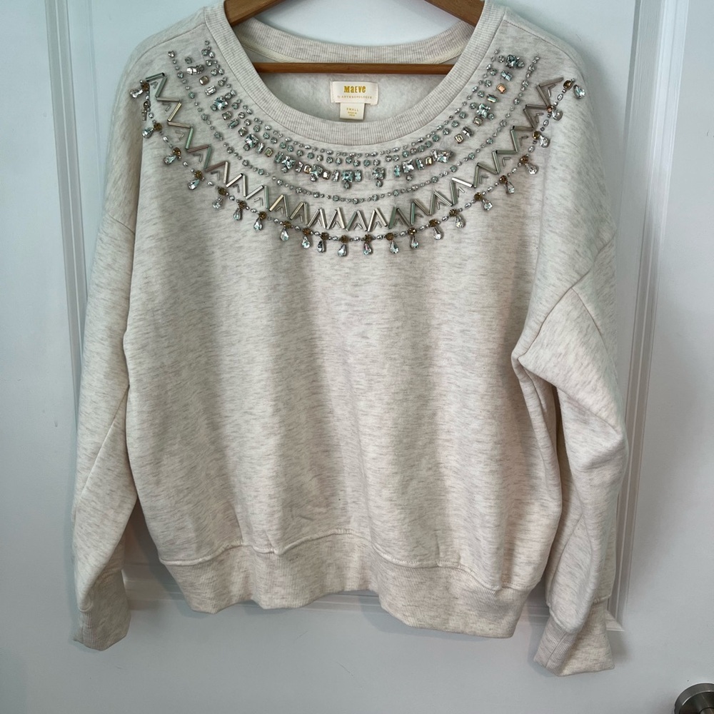 Anthropologie Maeve Embellished Collar Pullover in Light Sand Size Small - Picture 7 of 13